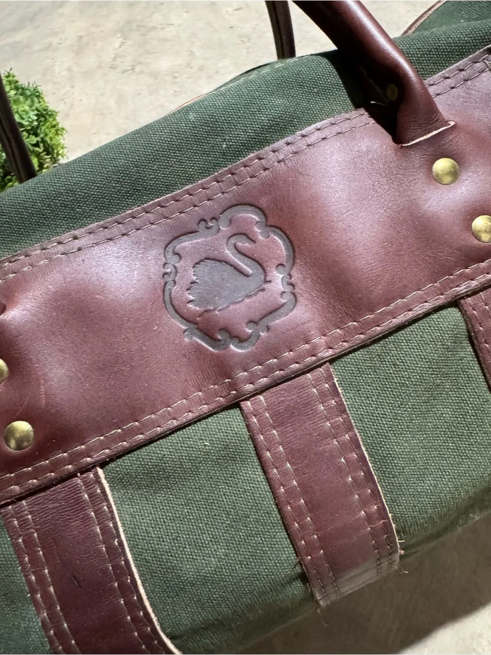 Vintage Green Canvas Leather Duffel Bag Equestrian Weekender Overnight